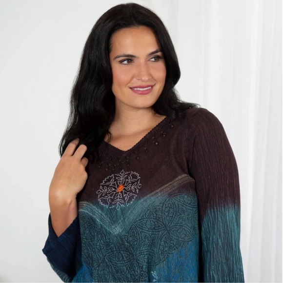 Greater Good ~ Earth & Sky Ombré Embroidered, Sequined, Beaded Boho Top - Picture 2 of 14